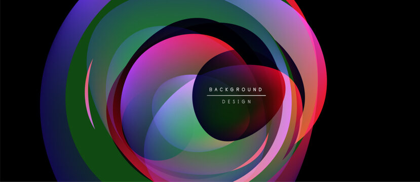 Abstract layers create dynamic circular form. Vibrant colors blend, forming modern background design. Minimalist text adds subtle detail.