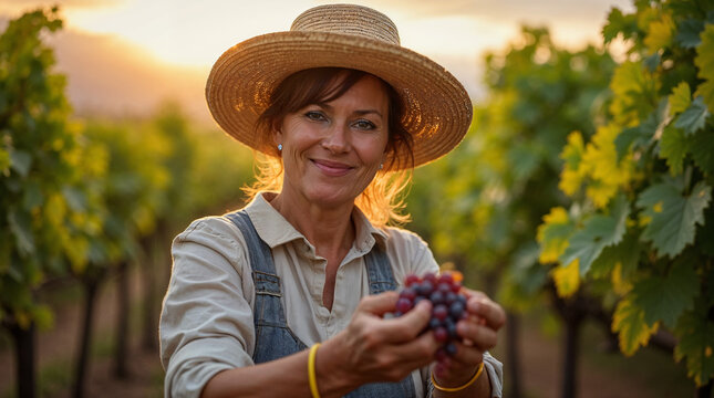 Mujer en vi&ntilde;edo al atardecer sosteniendo uvas