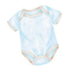 Blue baby bodysuit rendered with watercolor shading creates a cute hand-drawn clipart. It is ideal for baby shower stationery, newborn announcements, printable labels, planners, and apparel mockups