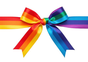 Rainbow ribbon tied into a bow, isolated on transparent background grainy