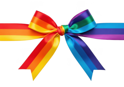 Rainbow ribbon tied into a bow, isolated on transparent background grainy