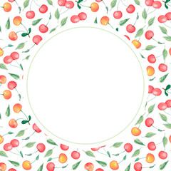 Watercolor round berry frame with red and yellow cherries and green leaves on white background. Botanical fruit illustration border for jam labels, packaging, invitations, cards and summer design.