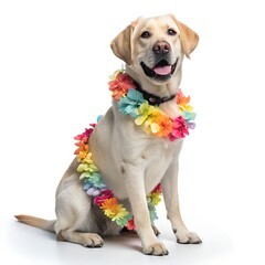 Happy Labrador Retriever Wearing a Colorful Hawaiian Lei