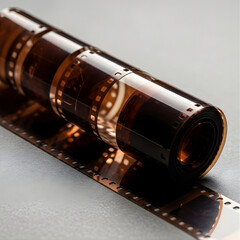 Black retro film strip and 35mm film roll isolated on white for old negative photography equipment