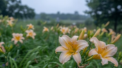 Obraz premium Peach and Apricot Daylilies in Bloom with Misty Forest Background