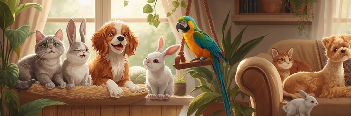 Naklejka na ściany i meble Adorable pets basking in sunlight by the window, a warm and inviting scene featuring a cat, dog, rabbits, and a vibrant parrot enjoying peaceful companionship in a cozy home