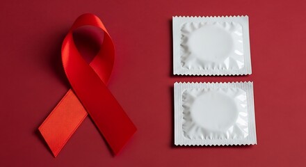 World Aids Day Awareness with Red Ribbon and Condoms on Red Background Safe Sex and Healthcare Concept Supporting HIV Positive People and Prevention of Sexually Transmitted Diseases