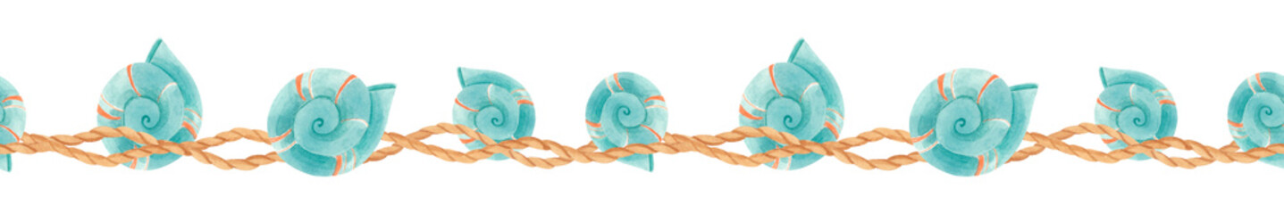 Watercolor nautical seamless border with blue spiral seashells and twisted ropes isolated on white. Summer marine repeatable design in boho vintage style for textile prints, invitations and packaging.