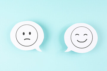 Sad or happy smiling face, mental health, attitude, positive and negative mind, influence emotion, support and depression
