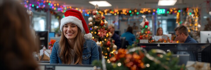 Cheerful businesswoman wearing Santa hat in festive office during Christmas season celebrates holiday spirit with colleagues and twinkling lights at work