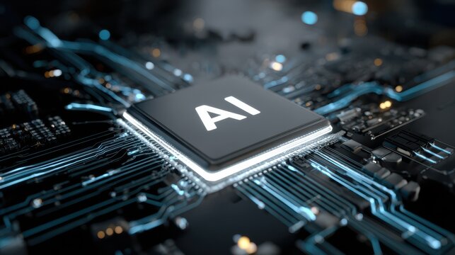 Close up of ai microchip on circuit board with glowing blue lights for artificial intelligence