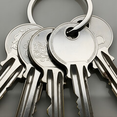 A metallic set of silver keys on a ring providing security access to a home or business, isolated on a black background