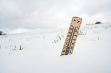 Cold frosty winter temperature, thermometer in snow covered landscape, weather forecast, measure...