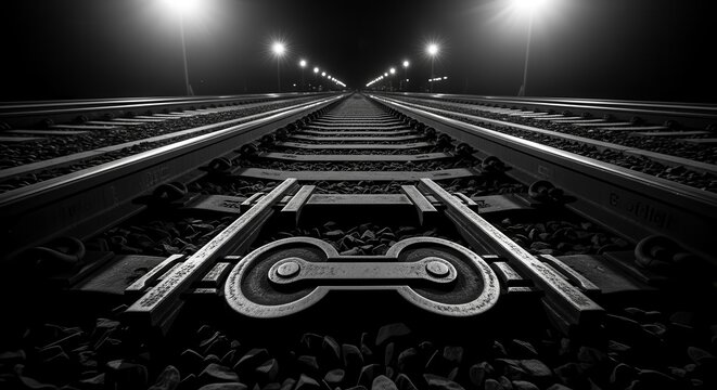 Dramatic Perspective Of Railway Tracks At Night Illuminated By Overhead Lights
