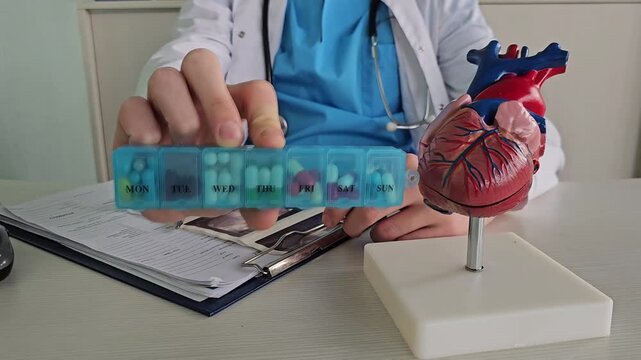 Understanding heart health with a medical professional showing a heart model and medication