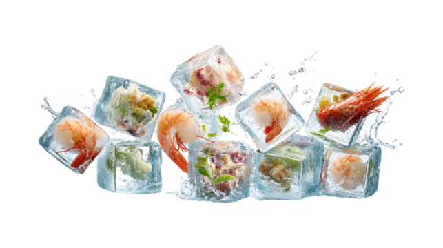 Frozen food. Different seafood in ice cubes falling isolated on a white background
