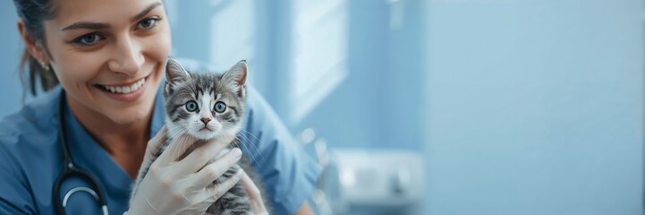 Caring veterinarian lovingly holds adorable gray tabby kitten in exam room during checkup visit, offering compassionate care for healthy happy pet