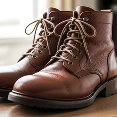 Brown leather fashion boots pair on a wooden background