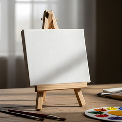 Wooden art easel with a blank canvas board ready for painting