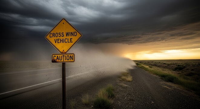Dramatic Weather Photography: A Crosswind Warning Sign Captures Nature's Fury