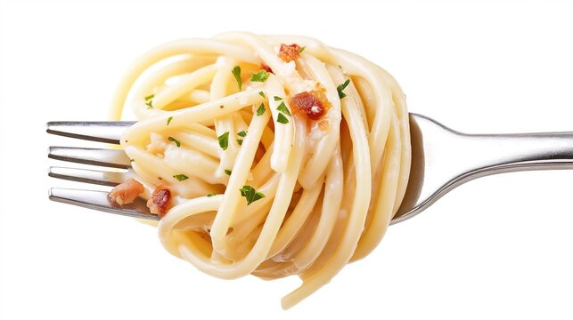 a fork holding spaghetti pasta neatly and evenly twirled in smooth spiral layers, with all noodle ends tucked in and no loose strands, coated evenly with creamy Korean-style white sauce, 