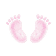 Pink baby footprints illustrated in watercolor form a sweet hand-drawn clipart element. Excellent for girl baby shower designs, reveal invitations, scrapbooking pages, digital kits, and printables