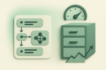 Innovative process visualization with data flowchart, file storage cabinet, and performance gauge depicting systematic analysis and efficiency enhancement strategies