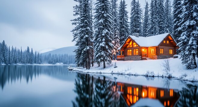 Winter wonderland cabin by a serene lake with glowing warm lights.