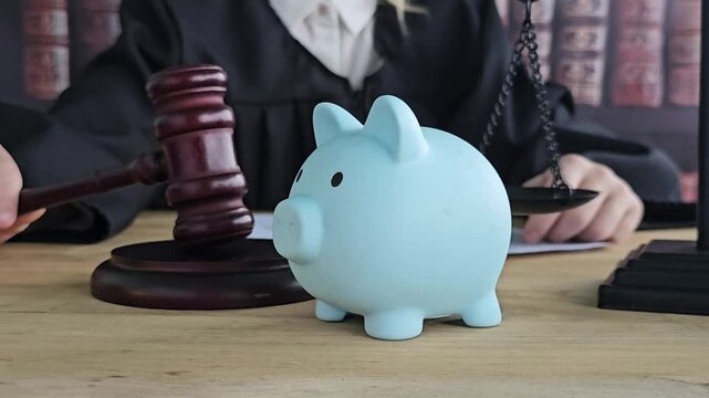 Courtroom scene featuring a piggy bank and a gavel in a legal setting discussing financial matters