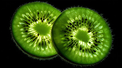 Close up of two kiwi fruit slices with seeds and translucent green flesh on a black background