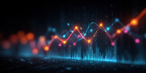 Abstract financial chart with uptrend line graph in stock market on dark blue background