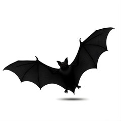 A black vector illustration of a bat and bats flying under an open umbrella against the autumn leaves silhouette for Halloween season