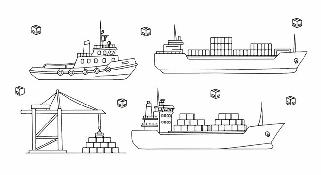 Cargo ships and cargo crane unloading containers with tug boat outline