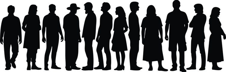 Diverse group of eleven people standing in silhouette against white background with varied poses and clothing styles