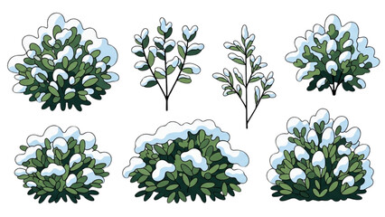 Winter Bushes and Branches with Snow Vector Illustrations for Design Elements
