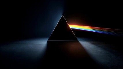 A beam of bright white light enters a glass prism and splits into a rainbow spectrum that exits as thin parallel rays in a dark room - Powered by Adobe