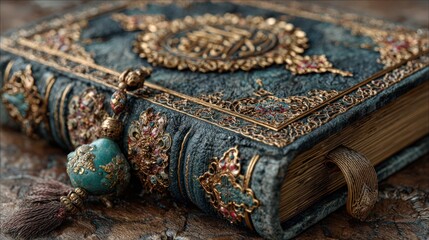 Close-up of an ornate book with intricate gold and jewel details