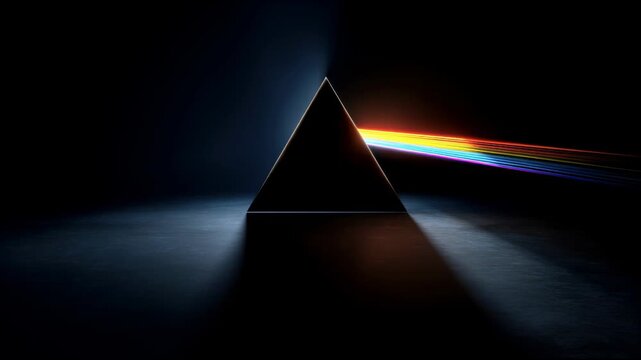 A beam of bright white light enters a glass prism and splits into a rainbow spectrum that exits as thin parallel rays in a dark room - Powered by Adobe