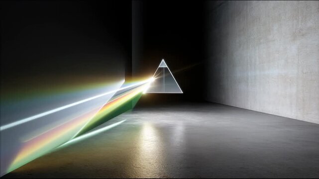 A narrow white light beam hits a glass prism and splits into multicolor rays that spread at different angles across the walls and floor of a dark minimal room