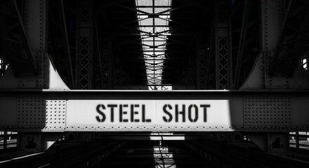 Dramatic Steel Structure with Stenciled Words under Architectural Industrial Lighting