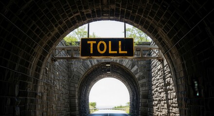 Dramatic Stone Tunnel With A Prominent Toll Sign Illuminated In Daylight
