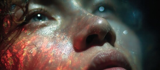 Close-up of a face, illuminated by vibrant, scattered, colorful light