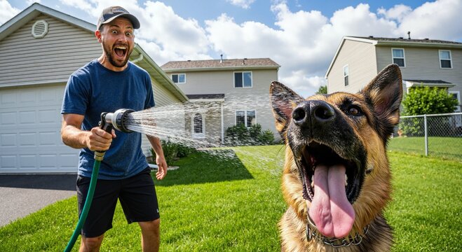 Hilarity Unleashed: German Shepherd's Wide-Mouthed Joy Meets Maniacal Hose Spray