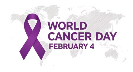 World Cancer Day awareness design with purple ribbon symbol and world map background promoting prevention research and hope for patients and survivors on February fourth annual observance