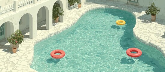 A clear turquoise pool with floaties, arches, and potted plants