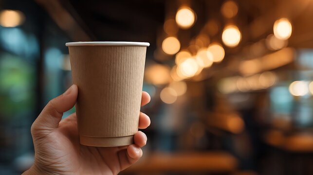 Hand Holding Teal Coffee Cup with Warm Bokeh
