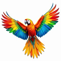 Fototapeta premium Vibrant scarlet macaw parrot flying with wings spread wide, showcasing brilliant rainbow plumage isolated on white background