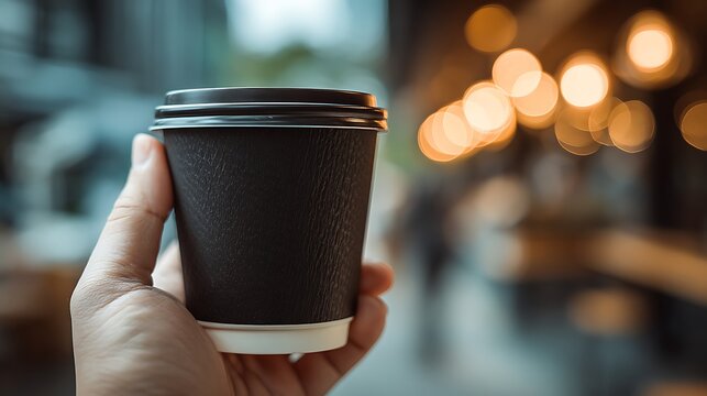 Hand Holding Teal Coffee Cup with Warm Bokeh