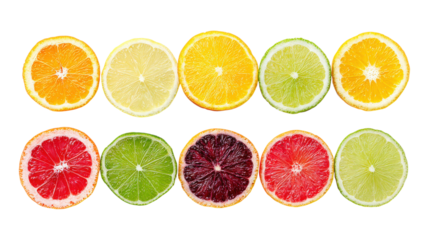 Fruit slices collection, flat lay isolated on a white background