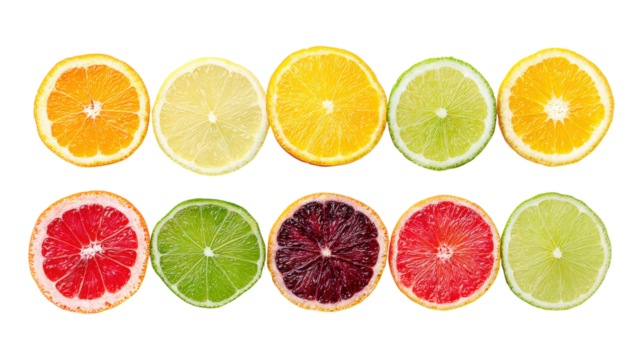Fruit slices collection, flat lay isolated on a white background